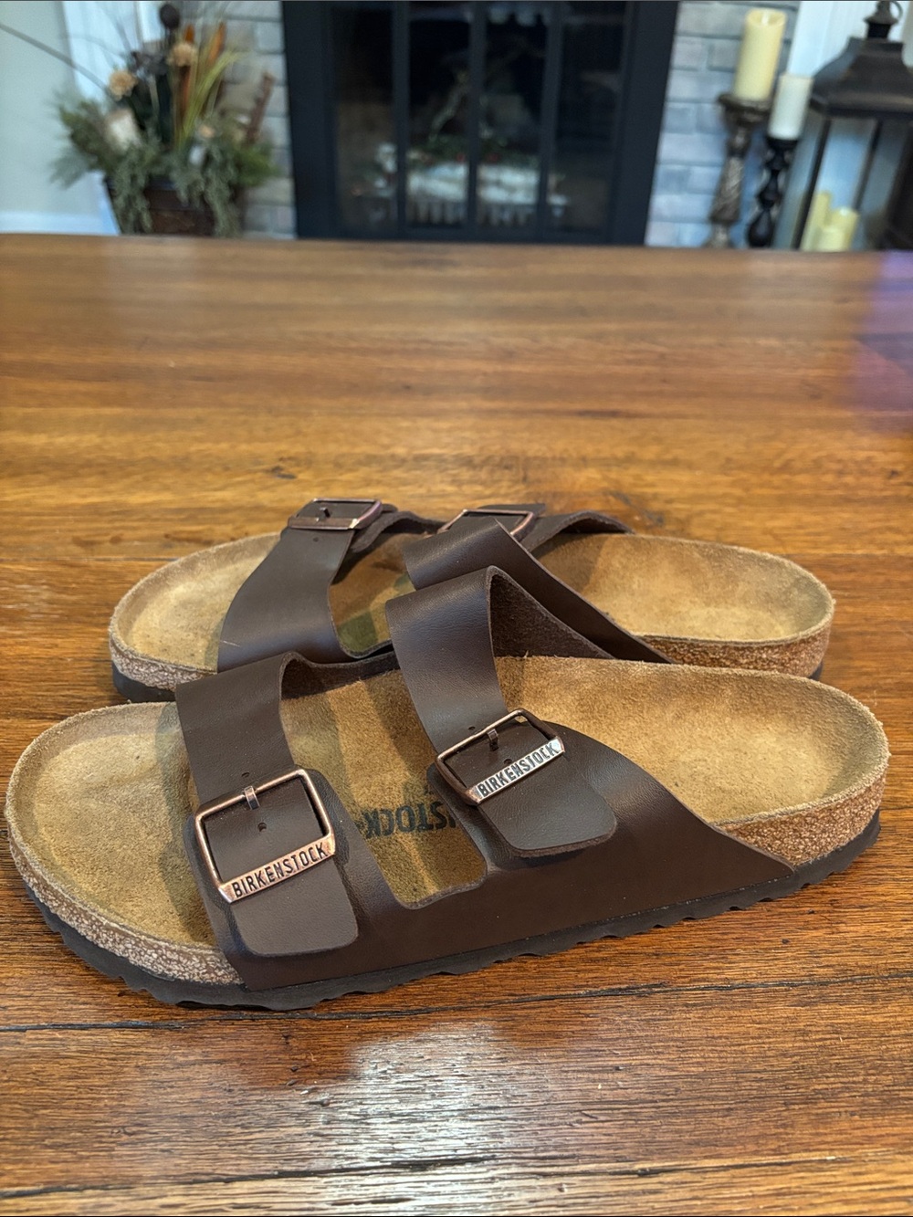 Birkenstock Mens Arizona Dark Brown Two-Strap Sandals